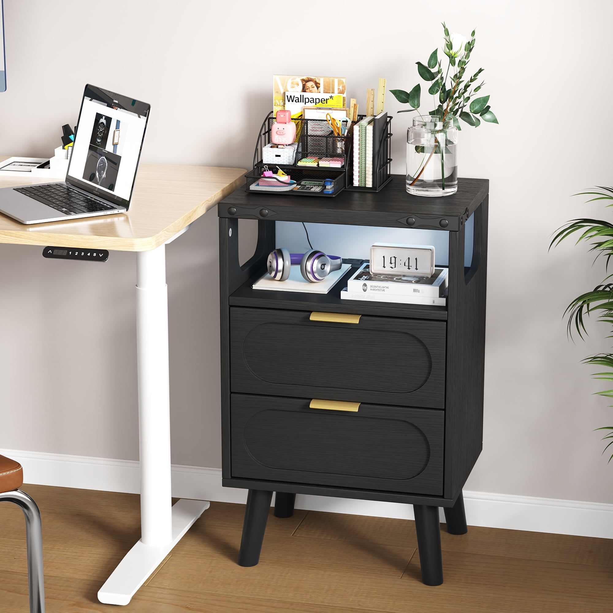 IDEALSOUL Nightstand with Charging Station, Smart Led Nightstand with 2 Drawer, Modern Bedside Table End Side Table Nightstands for Bedroom, Living Room, Black