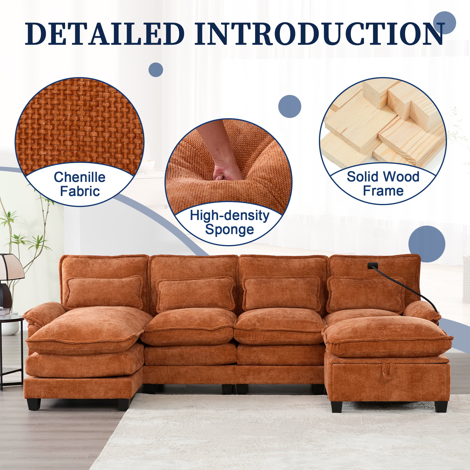 MOONMISS Chenille Upholstered Oversized U-shaped Comfy Modular Sectional Sofa with Storage Ottoman-Orange