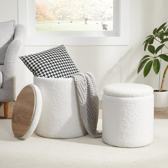 Boucle Round with Storage Set of 2,Small Foot Stool Ottoman for Living Room, Ottoman Coffee Table,Vanity Stool with Storage for Bedroom, White