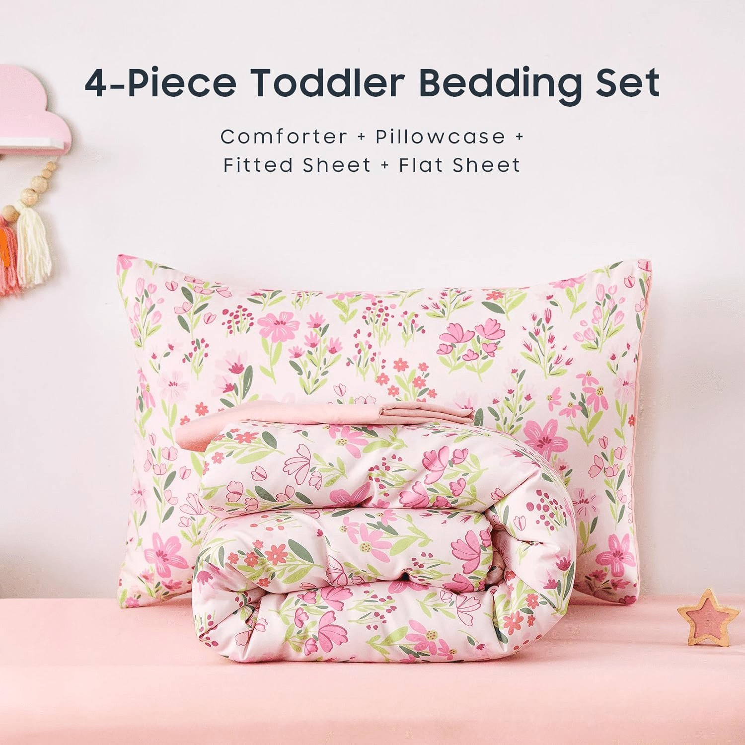 AllWays Plaza - Floral Toddler Bedding Set for Girls, Cute Colorful Botanical Flowers, 4 Pieces Soft Crib Bed Set Including Comforter, Sheets and Pillowcase, Light Pink