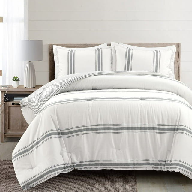 Lush Decor Ensemble de Couette Réversible à Rayures Style Ferme en Coton - Ensemble de Literie 3 Pcs à Rayures Fines Douillettes - Déco de Chambre Charme Classique Moderne Rustique - Très Grand, Gris Foncé