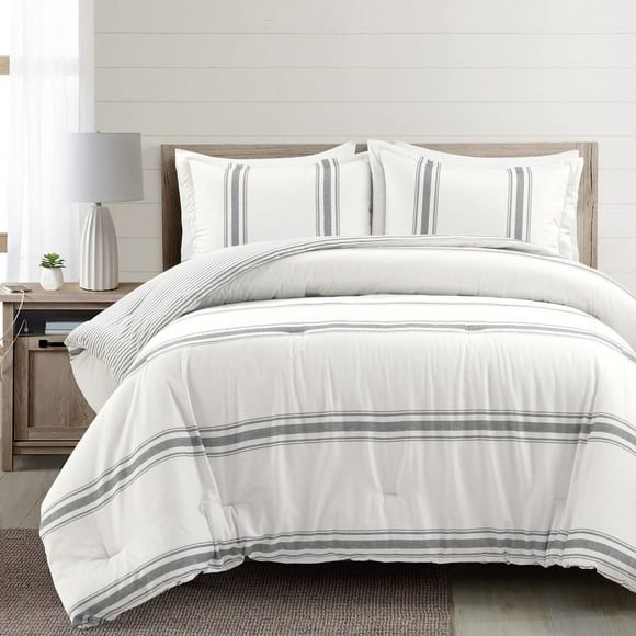 Lush Decor Farmhouse Stripe Reversible Cotton Comforter Set - 3 Piece Cozy Pinstripe Bedding Set - Classic Modern Rustic Charm Bedroom Decor - King, Dark Gray