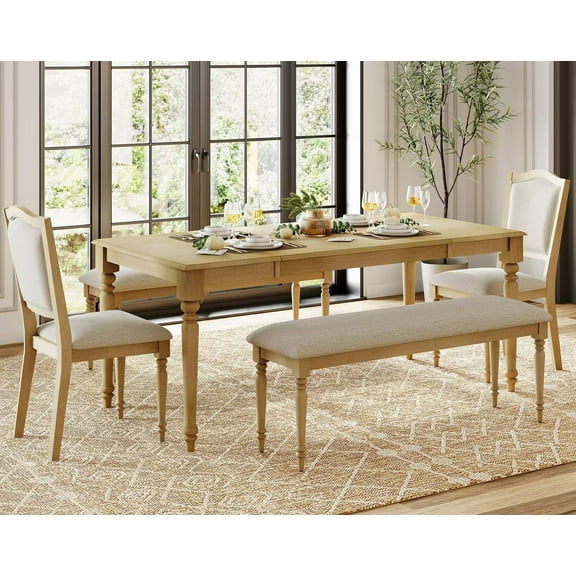 5 Piece Dining Table Set for 6-8 People - Includes One Dining Table, 2 Upholstered Benches, 2 Wood Dining Chairs, Rustic Dining Set for Kitchen, Oak