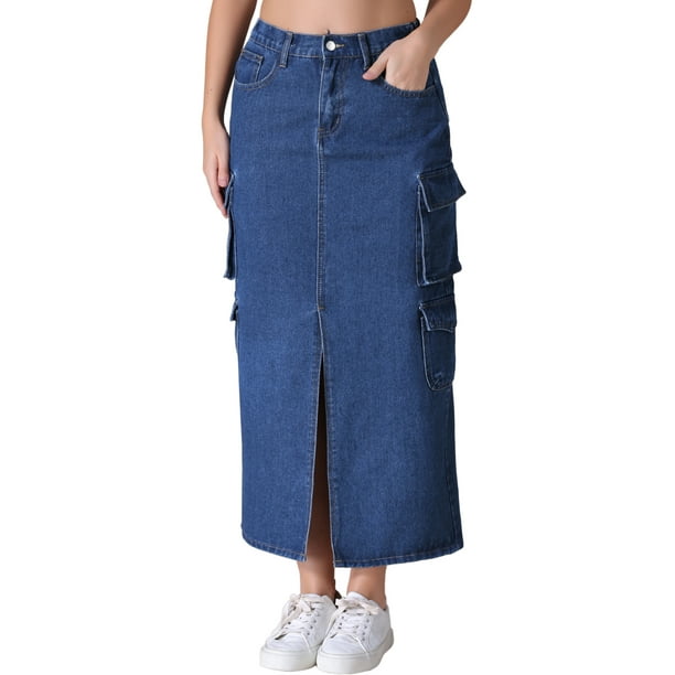 Falda de mezclilla maxi para mujer INSPIRE CHIC con abertura frontal, botones en la parte delantera, cintura elástica, estilo urbano, bolsillos de solapa, talla XL, azul oscuro