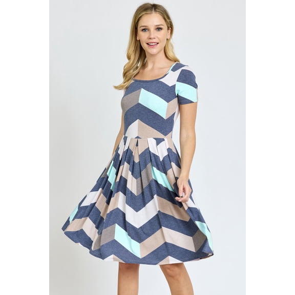 Chevron Short Sleeve Pleated Dress | 2 Colors | S-3X
