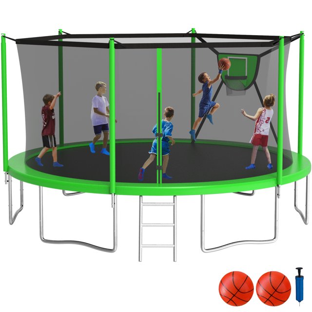 KOFUN Trampoline with Basketball Hoop, 1500lbs 10FT 12FT 14FT 16FT Trampoline for Adults and Kids, No Gap Design Backyard Trampoline with Enclosure Net, Ladder, Green
