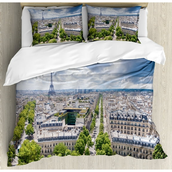 Ambesonne Eiffel Tower Duvet Cover Set, Aerial View Paris, Queen, Pale Blue Cream Green