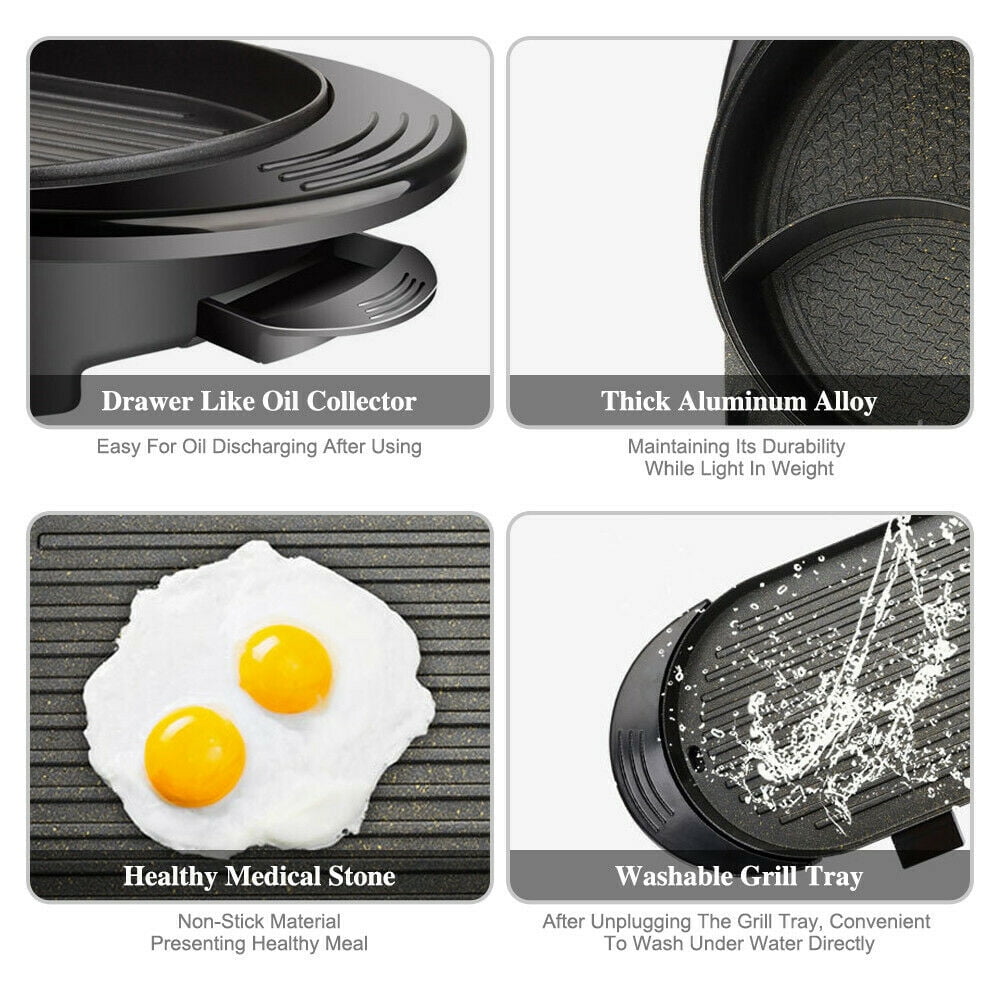 2 in 1 Electric Hot Pot Grill Teppanyaki Non-Stick Smokeless Barbecue Pan Grill 1100W Electric Smokeless Grill and Hot Pot BBQ Grill Soup Shabu Pot