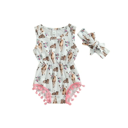 

wybzd Western Baby Girl Clothes Cow Print Romper Sleeveless Pompom Tassel Bodysuit with Headband
