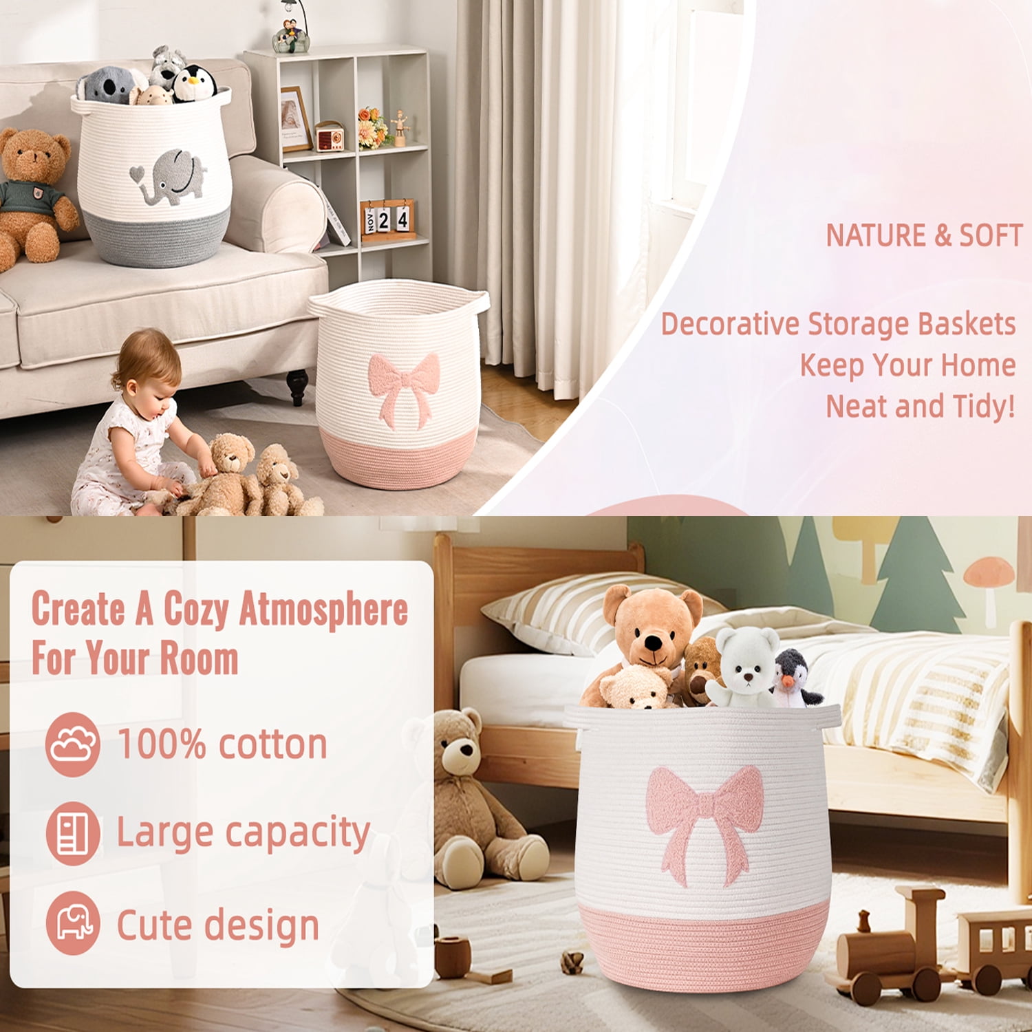 Natubeau Woven Storage Basket for Shelves, Cotton Rope Baskets, Toy and Blanket Storage Baskets for Kids, Pink Bow Round Hamper with Handles, 17"x15.7