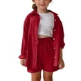 thumbnail image 2 of Babcutegg Girls Solid Color Long Sleeve Button-Up Shirt with Matching Shorts Set – Soft Casual Two-Piece Outfit Featuring Pocket Detail and Comfort Fit Wine Size 11, 2 of 10