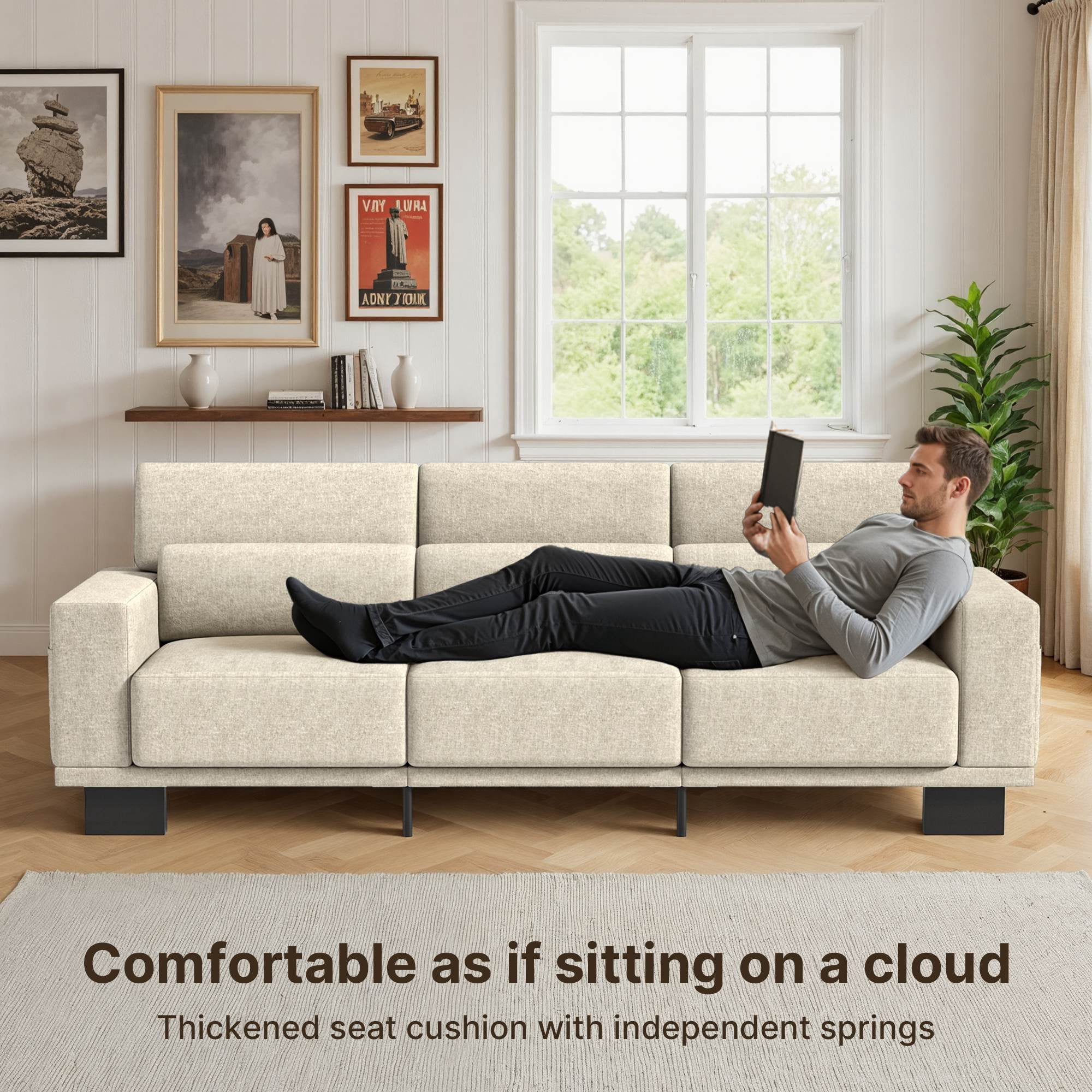 Asofer 89" Sofa Couch with 3 Seat Soft Pillow & Large Storage Pocket for Living Room, Small Space, White