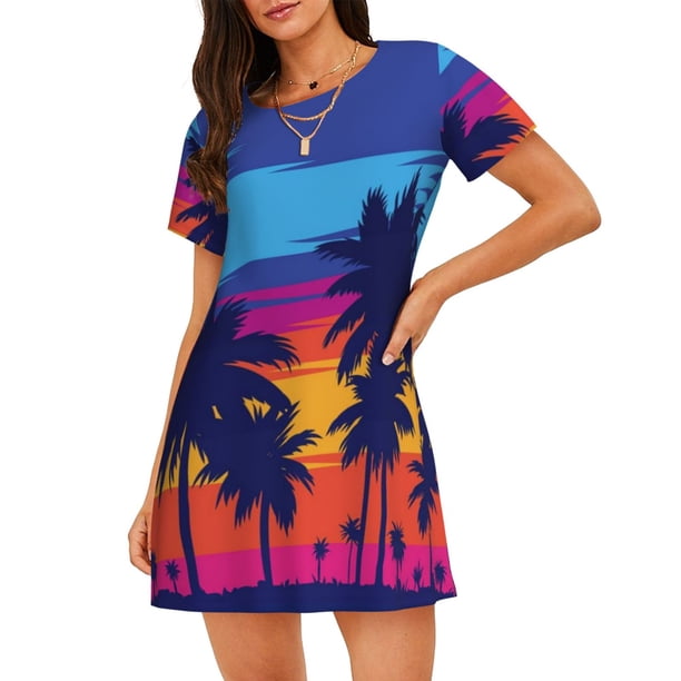 Disketp Beach with Palm Trees para Camisón Corto de Manga Corta para Mujeres, Camisón Cómodo con Escote Redondo, Bonito y Confortable