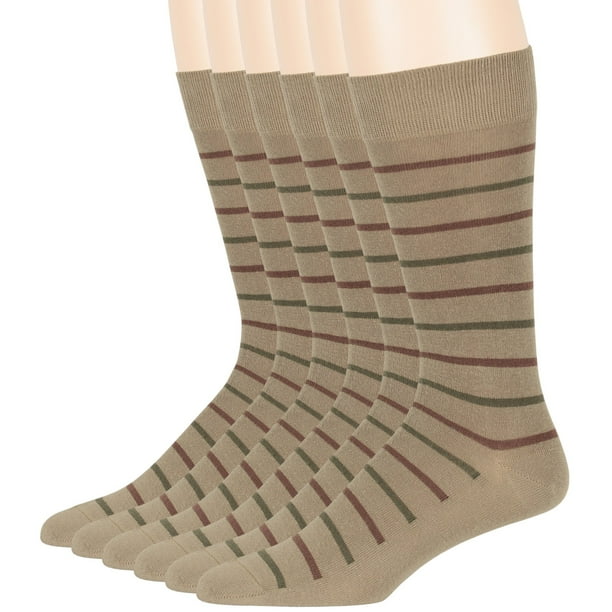Mens Cotton Striped Daily Office Work Socks, Khaki, L Size, 6 Pack