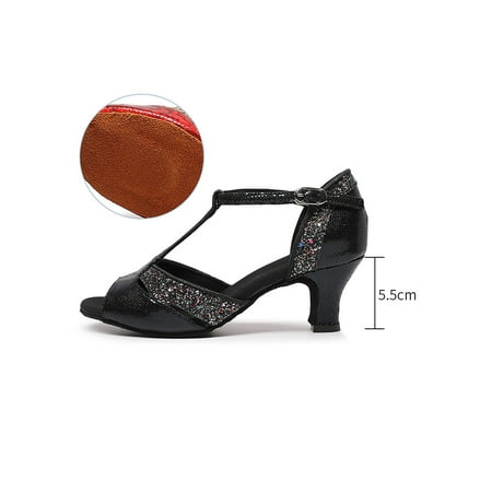 

Ritualay Womens Heeled Sandal T-Strap Dance Shoes Peep Toe Sandals Fashion Comfort Jazz Shoe Dancing Party Mid Heel Chunky Heels Black Faux Fur Bottom 6.5