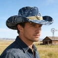 thumbnail image 5 of RUINIXCW Western Denim Cowboy Hat Blue Denim Cowgirl Hat For Man Women Distressed Jean Hat With Bull Head Buckle Belt Wide Brim Outback Hat, 5 of 6