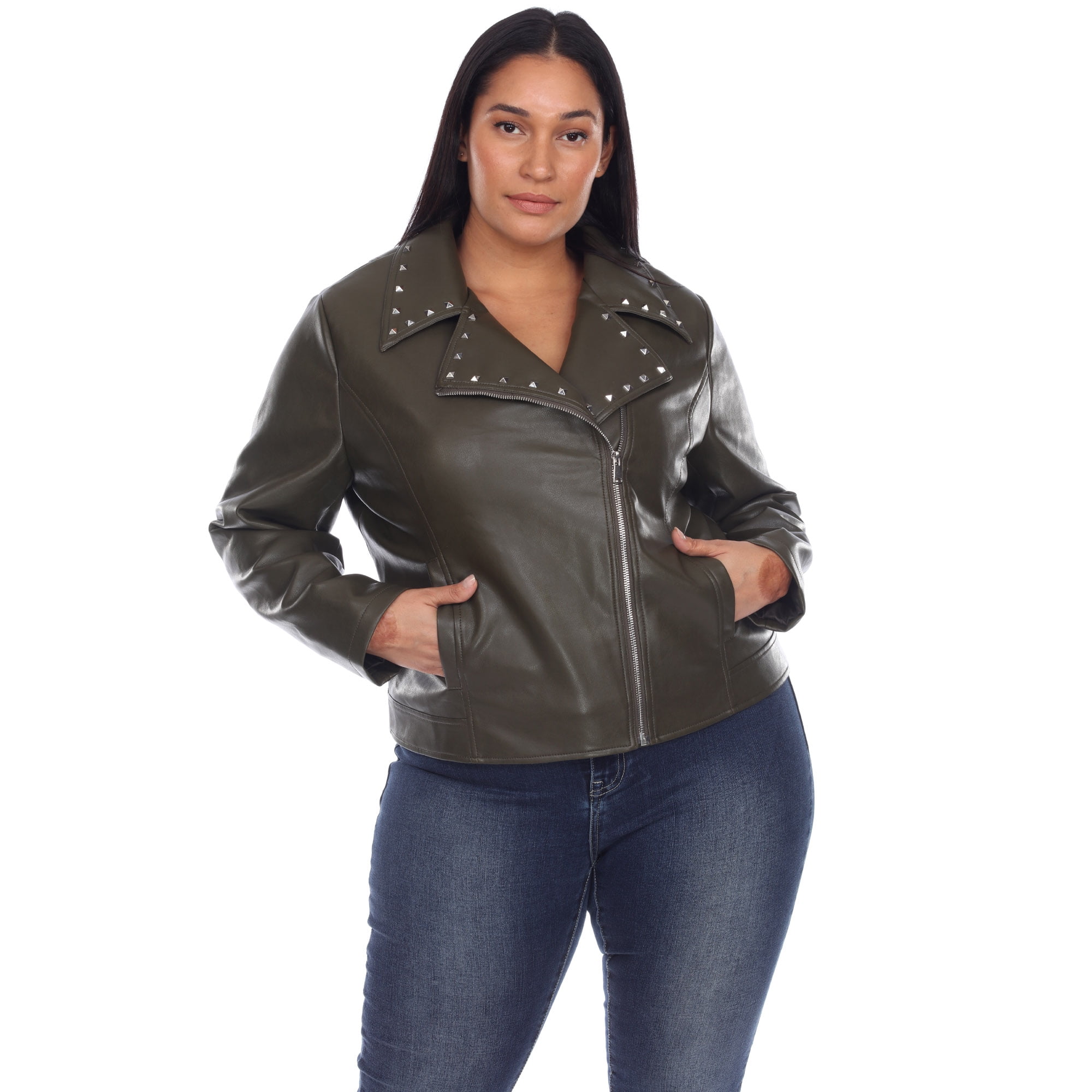 White Mark Women's Plus Size PU Faux Leather Studded Jacket