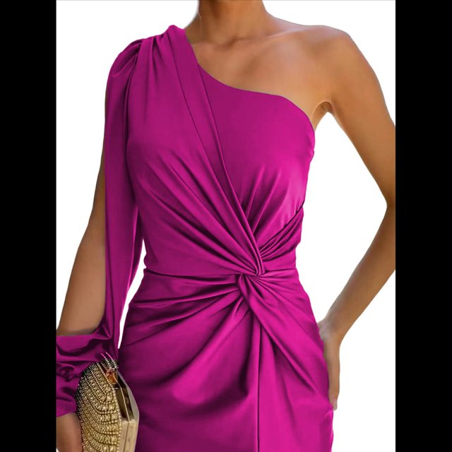 Vestido de Cóctel para Mujer, con un Solo Hombro, Larga y Abertura Alta, para Fiesta de Boda Rosa Roja L