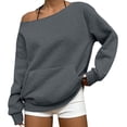 thumbnail image 2 of Womens Asymmetrical Off The Shoulder Sweatshirt Loose Fit Long Sleeve Solid Color Drop Shoulder Fashion Pullover with Pocket Gray M, 2 of 7