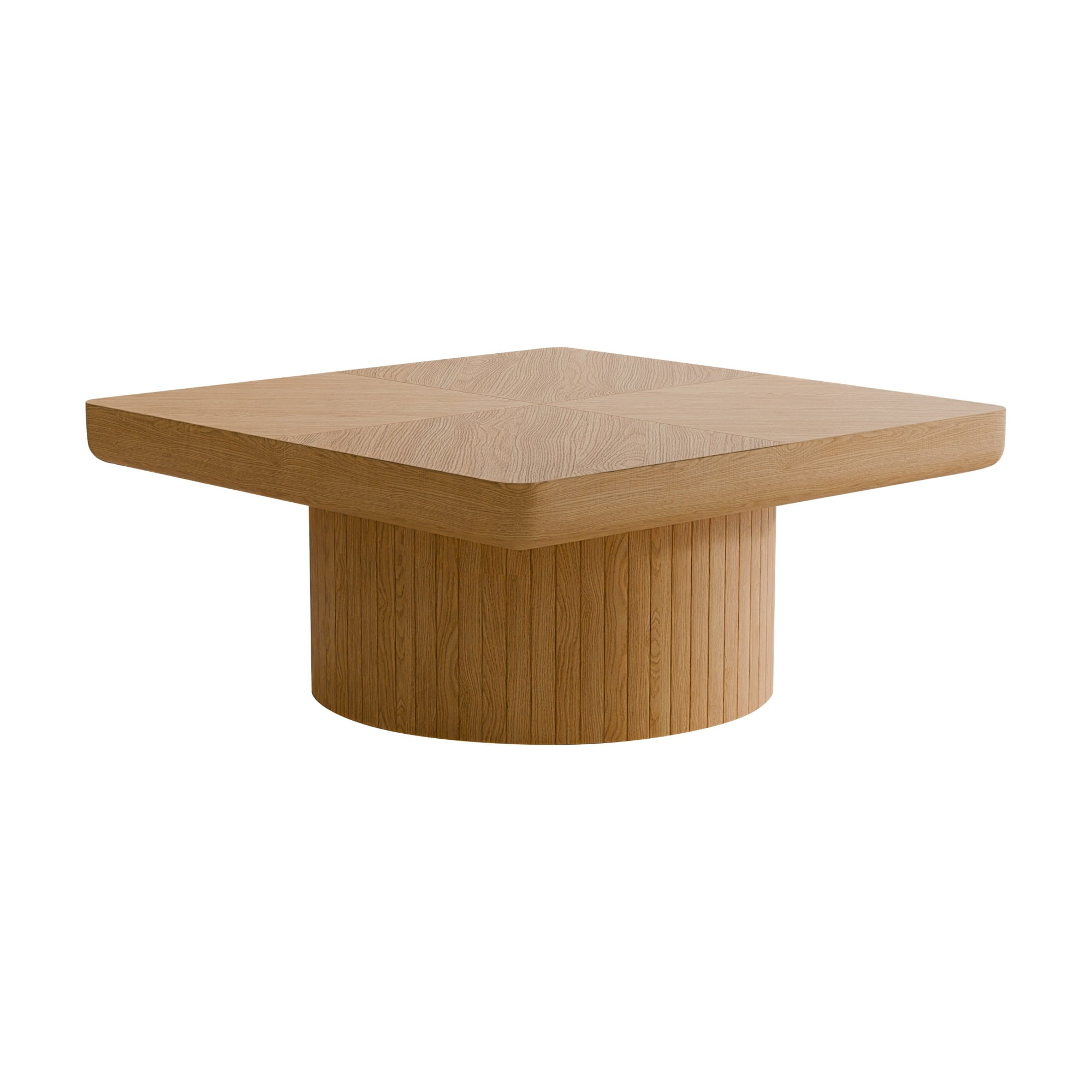 34.6'' Square Coffee Table with Fluted Cylindrical Base, Solid Wood End Table with Thickened Tabletop, Modern Cocktail Table