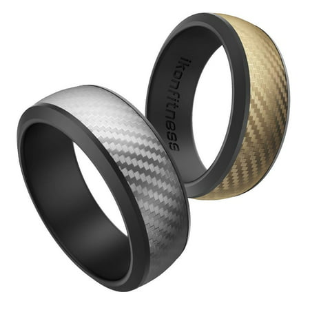 ikonfitness Silicone Wedding Ring for Men and Women, 7.8mm Wide Two Piece Rubber Wedding Ring with Delicate Stylish Carbon Fiber Texture, 2 Pack in Gift Box