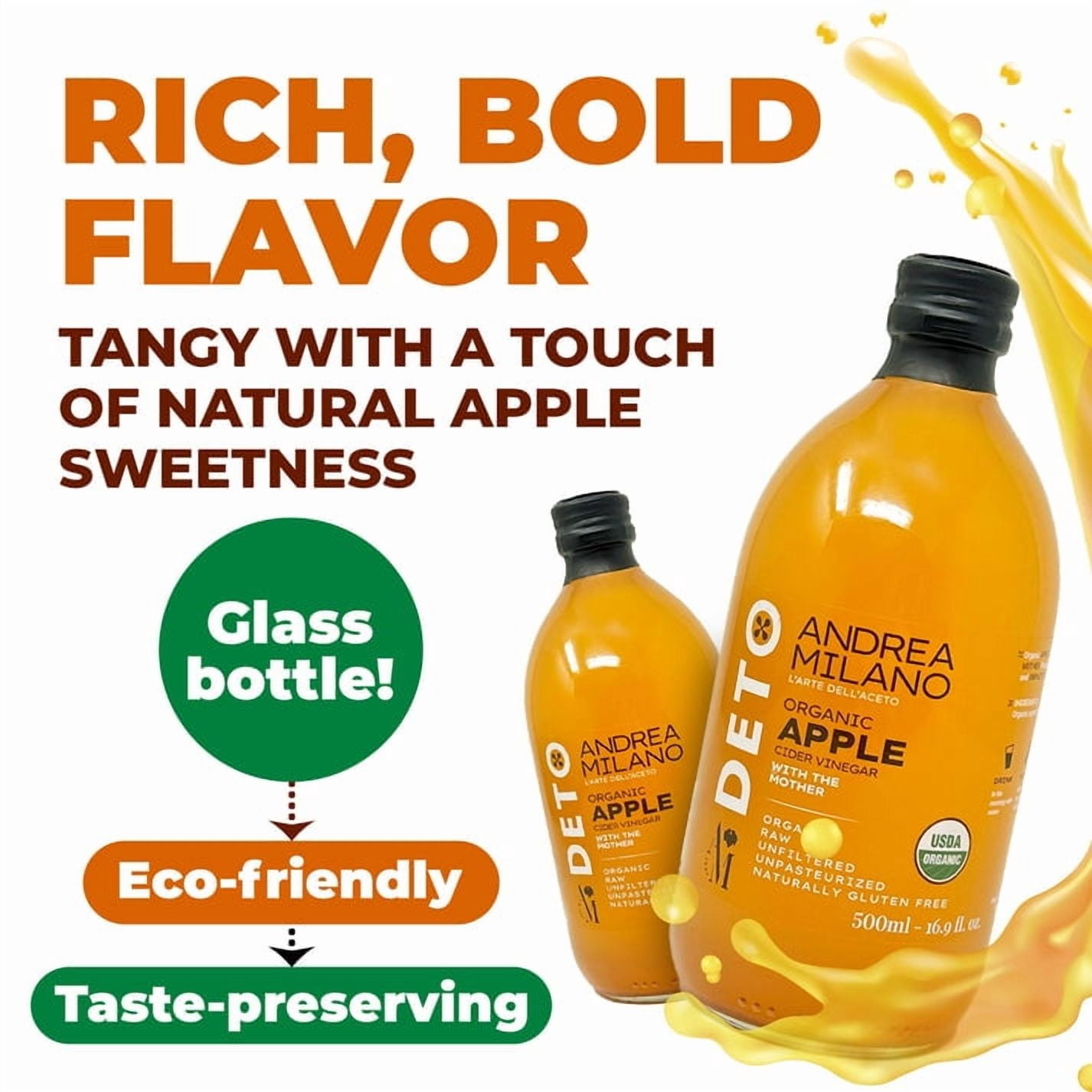 Andrea Milano Organic Apple Cider Vinegar, 3 Bottles – Non-GMO, Vegan, Bulk, Glass Bottle