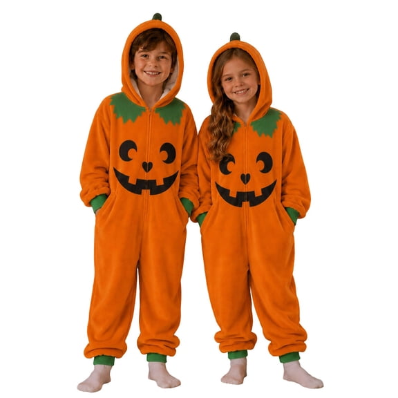Krdevn Glow In Dark Heart Nose Pumpkin Face Hooded Zip Onesie Halloween Fluffy Pocket Jumpsuit Family Matching Night Trick-or-Treat Cosplay Sleep Loungewear Orange,13-14 Years