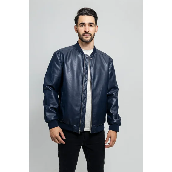 Whet Blu JUSTIN Vegan Faux Leather Fashion Band Collar Lightweight Casual Zip Up Jacket Men Navy Blue Small