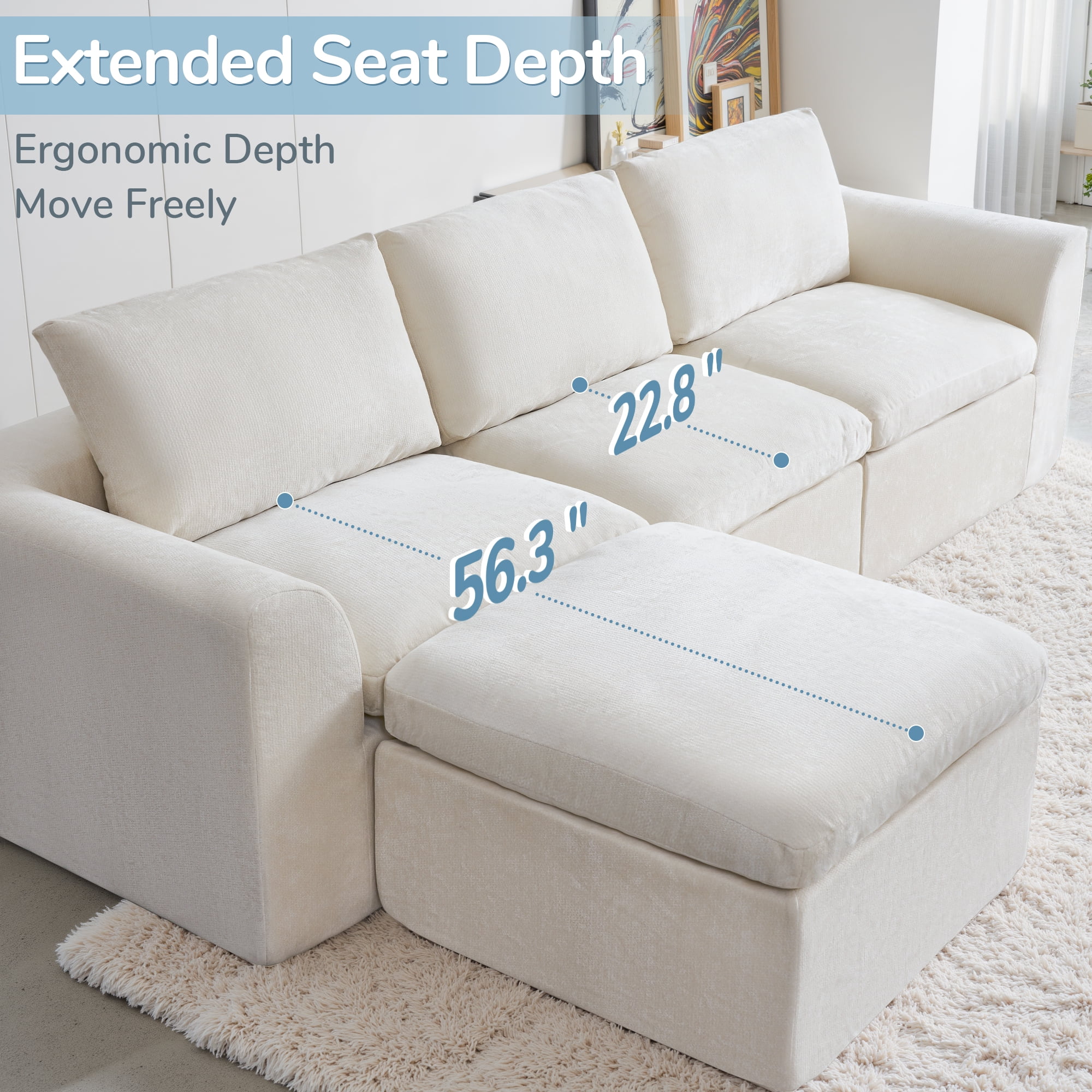 YINIX 120" Modular Sectional Sofa with Movable Ottomans, U-Shaped Couch for Living Room, No Assembly Required, Beige