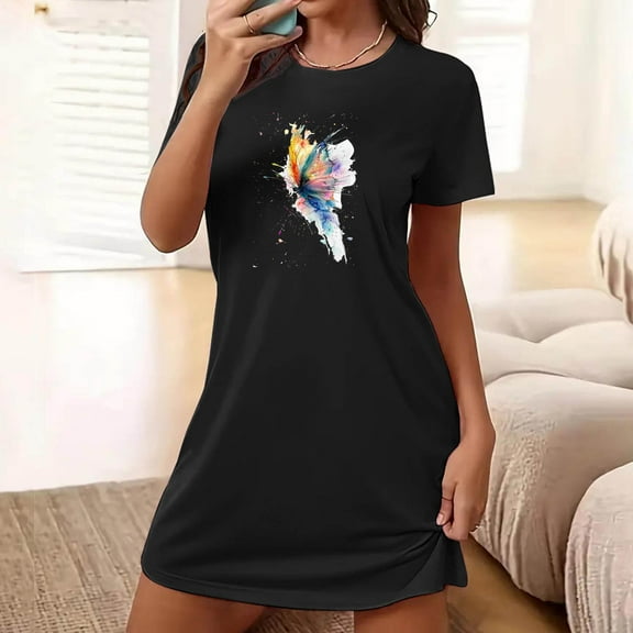 Wancir Women's Plus Size Short Nightdress Butterfly Print Round Neck for Home Lounge