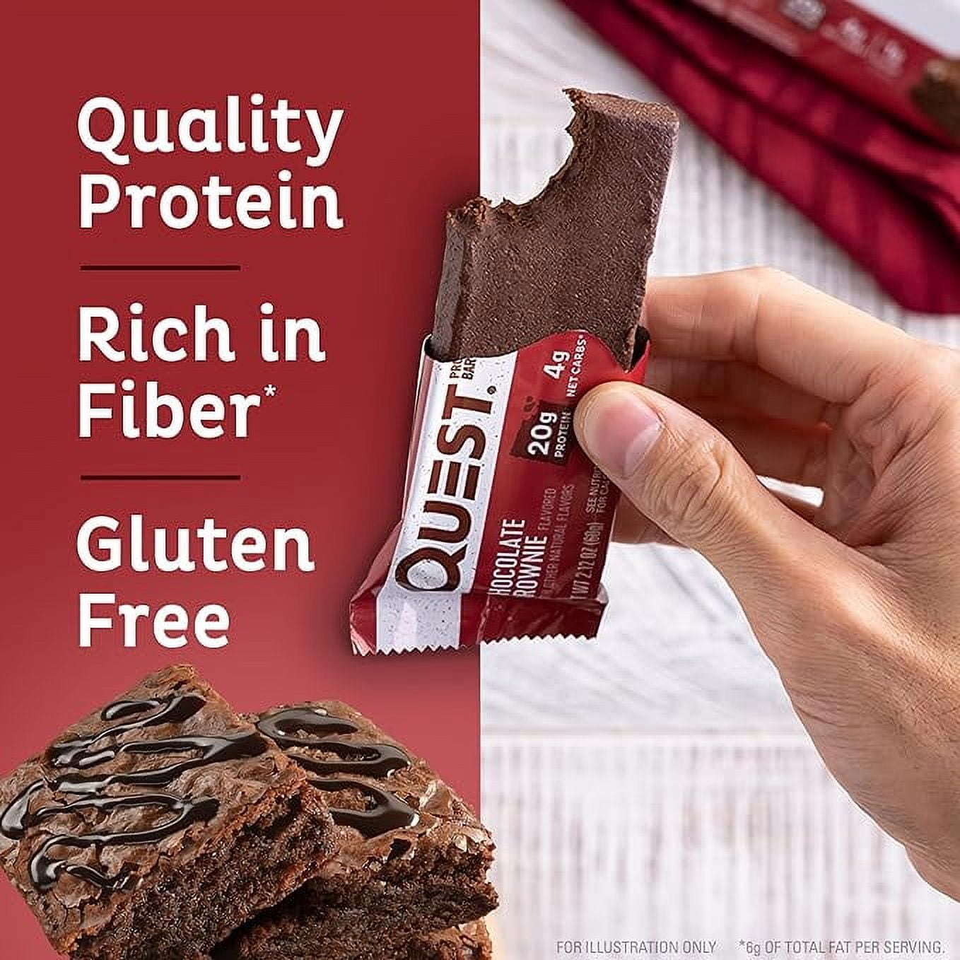 Quest Nutrition Chocolate Brownie Protein Bars, 20g Protein, 4g Net Carbs, 1g Sugar, Gluten Free, Keto Friendly, 4 Count