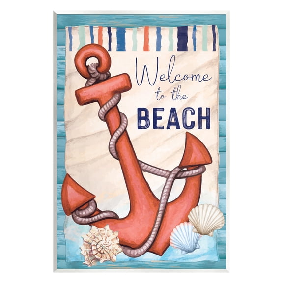 Stupell Welcome To Beach Nautical Anchor Stripes Landscape Painting Wall Plaque Unframed Art Print Wall Art