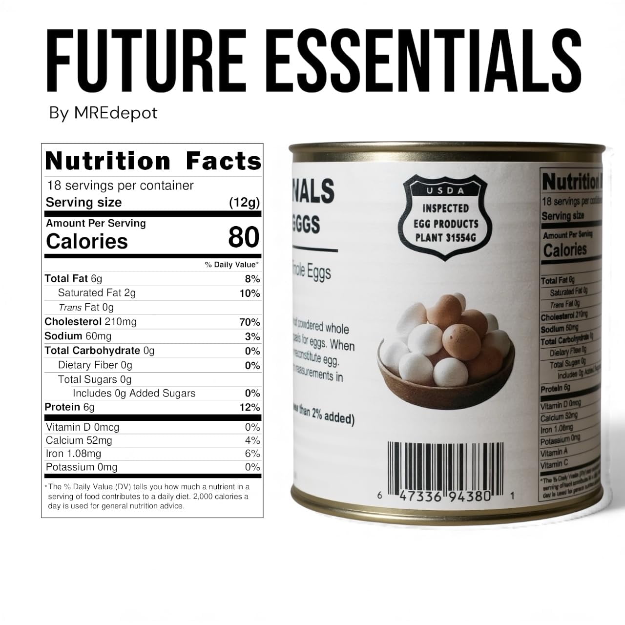 Full Case Future Essentials Powdered Whole Eggs, 8 oz #2.5 Can (12-Pack) – 100% Real Eggs, 10-Year Shelf Life, Emergency Food Storage, No Refrigeration, Made in USA