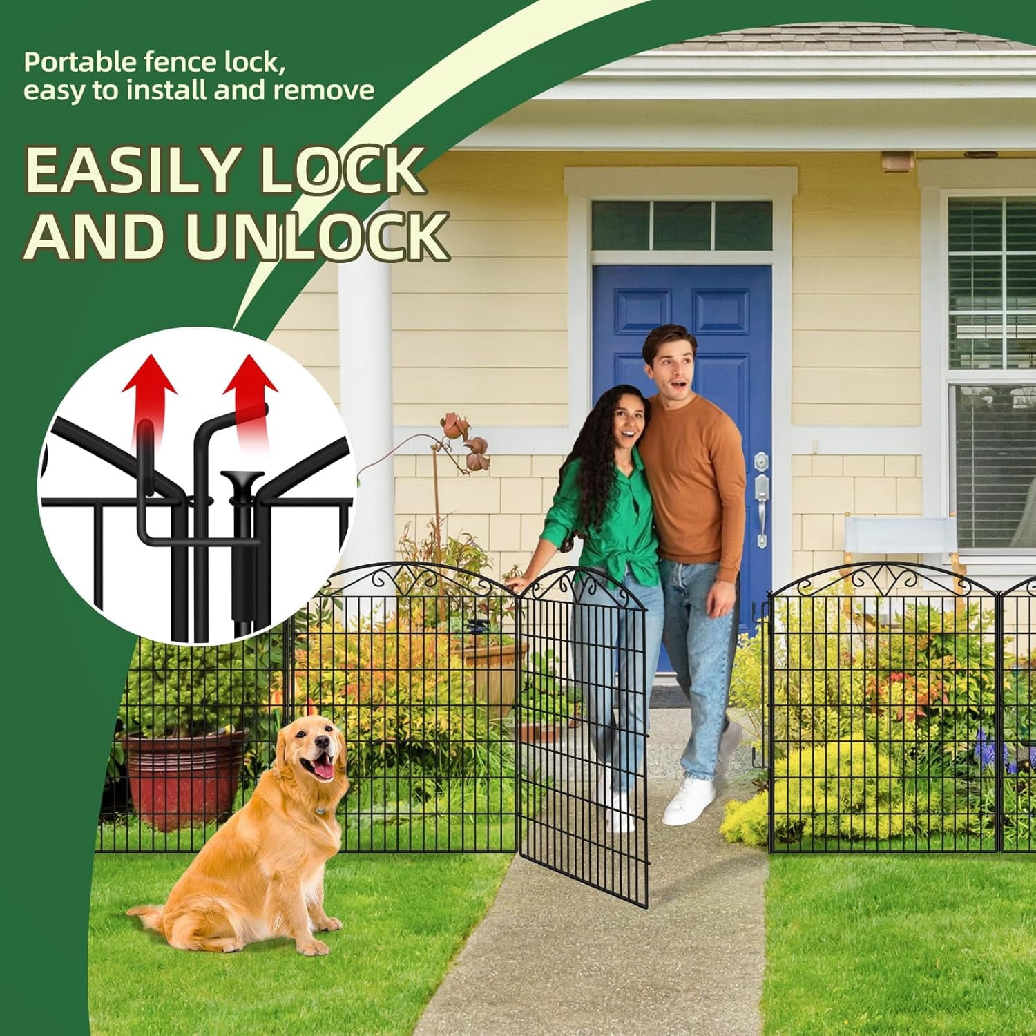 No Dig Decorative Garden Dog Fence Outdoor for Yard, Animal Barrier Fenceing Panels, Rustproof Ground Stakes Temporary Wire Screen for Patio
