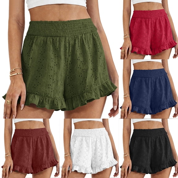 Womens Linen Bermuda Shorts Summer 2026 Beach Vacation Clothes Spring Elastic Waist Embroidered Ruffle Shorts with Pockets for Beach Vacation Black XXL