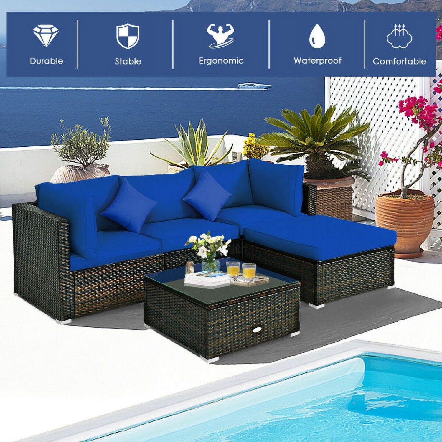 Aimee Lii 5 Pcs Outdoor Patio Rattan Furniture Set Sectional Conversation with Cushions, Outdoor Patio Set, Navy
