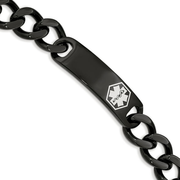 Chisel Stainless Steel Polished Black IP-plated with White Enamel Medical ID 8.25 inch Curb Chain Bracelet 8.25 inches