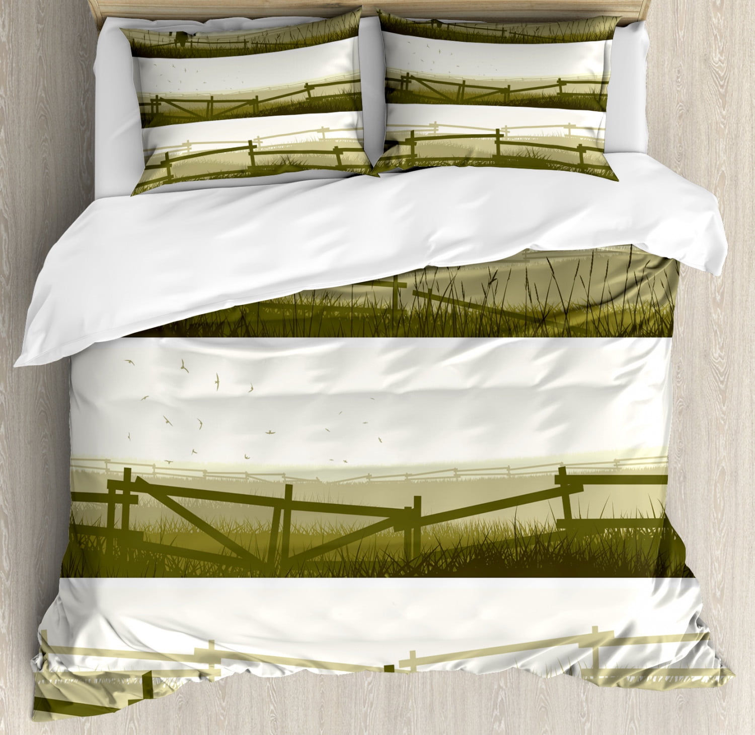 Ambesonne Nature Duvet Cover Set Twin Size Decorative 2 Piece Bedding Set with 1 Pillow Sham Forest Green Mountain Valley with Fir Tree Flower Field Fences Rural Panorama 