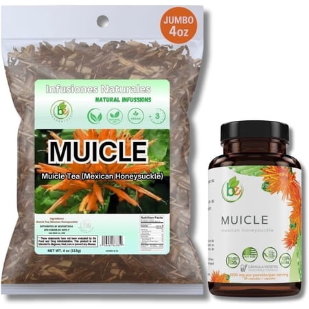 BEXPERTSUSA Muicle Capsules Forte + Herbal Tea Combo–90 Capsules(1200 mg/Serving) +4oz Loose Leaf,Justicia Spicigera (Mexican Honey Suckle) 100% Natural Supplement & Tea Set,Authentic,Vegan,Non-GMO