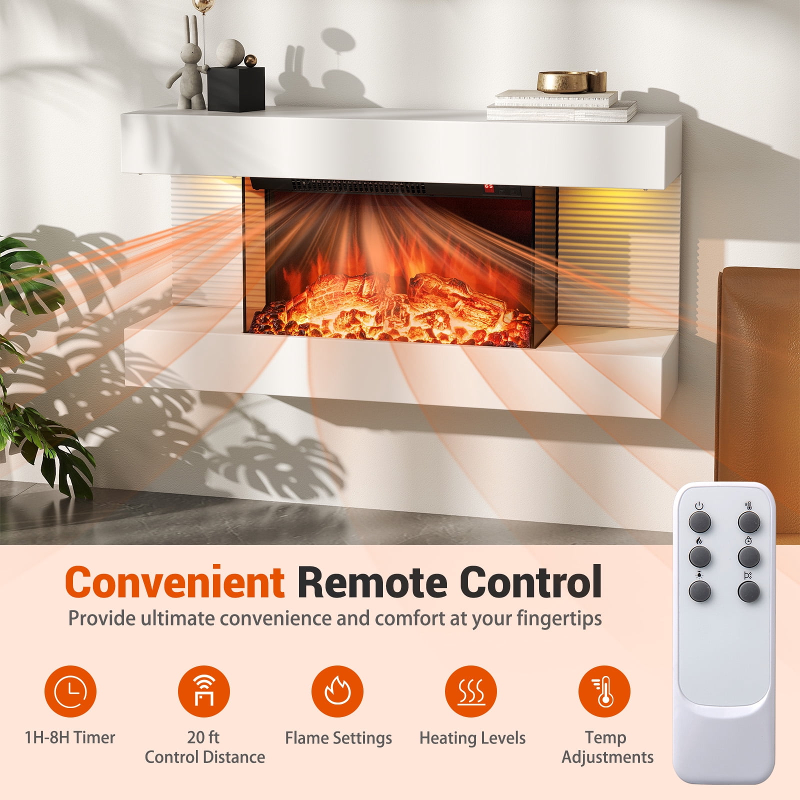 Giantex Wall-Mounted Electric Fireplace Mantel, 18" Fireplace & 32" Floating Mantel, 750W/1500W All-in-One Fireplace