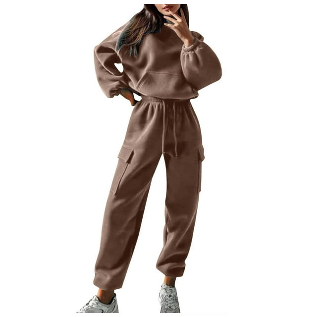 Sweatsuit Womens Tracksuit Solid Sports Sweatshirt Pants Set With Pocket Tracksuit Outfit Jogging Femme Ensemble Brown M
