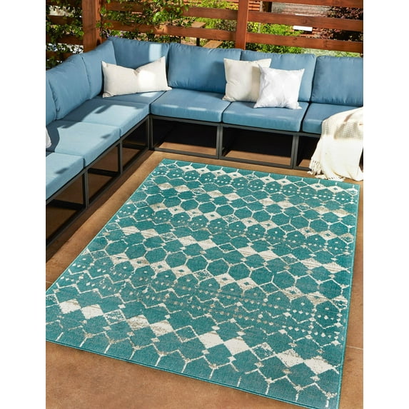 Rugs.com Outdoor Lattice Collection Rug – 8' x 10' Teal Flatweave Rug Perfect For Living Rooms, Large Dining Rooms, Open Floorplans