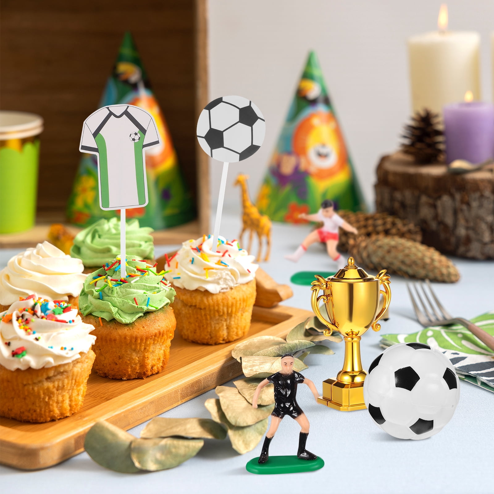 Soccer Cake Topper Decorations – Ball, Trophy, Player Figurines, Blue Theme, Birthday Party Supplies