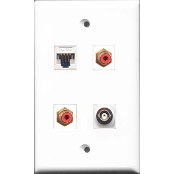RiteAV - 2 Port RCA Red and 1 Port BNC and 1 Port Cat5e Ethernet White Wall Plate