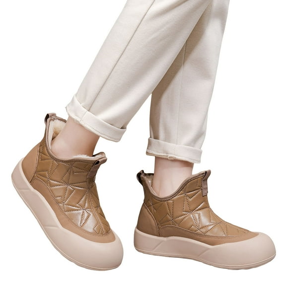 Wide Calf Winter Ankle Boots for Women Furry Lined Waterproof Leather Slip on Cute Flat Snow Booties