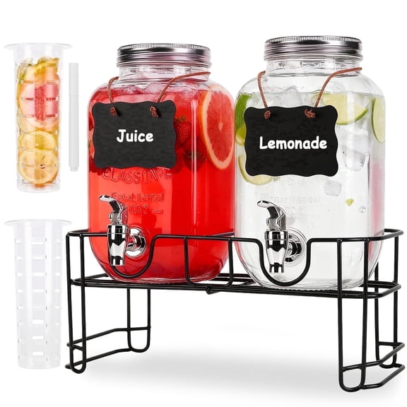Yucurem 2 Pack 1 Gallon Glass Beverage Dispenser with Spigot, Infuser and Stand