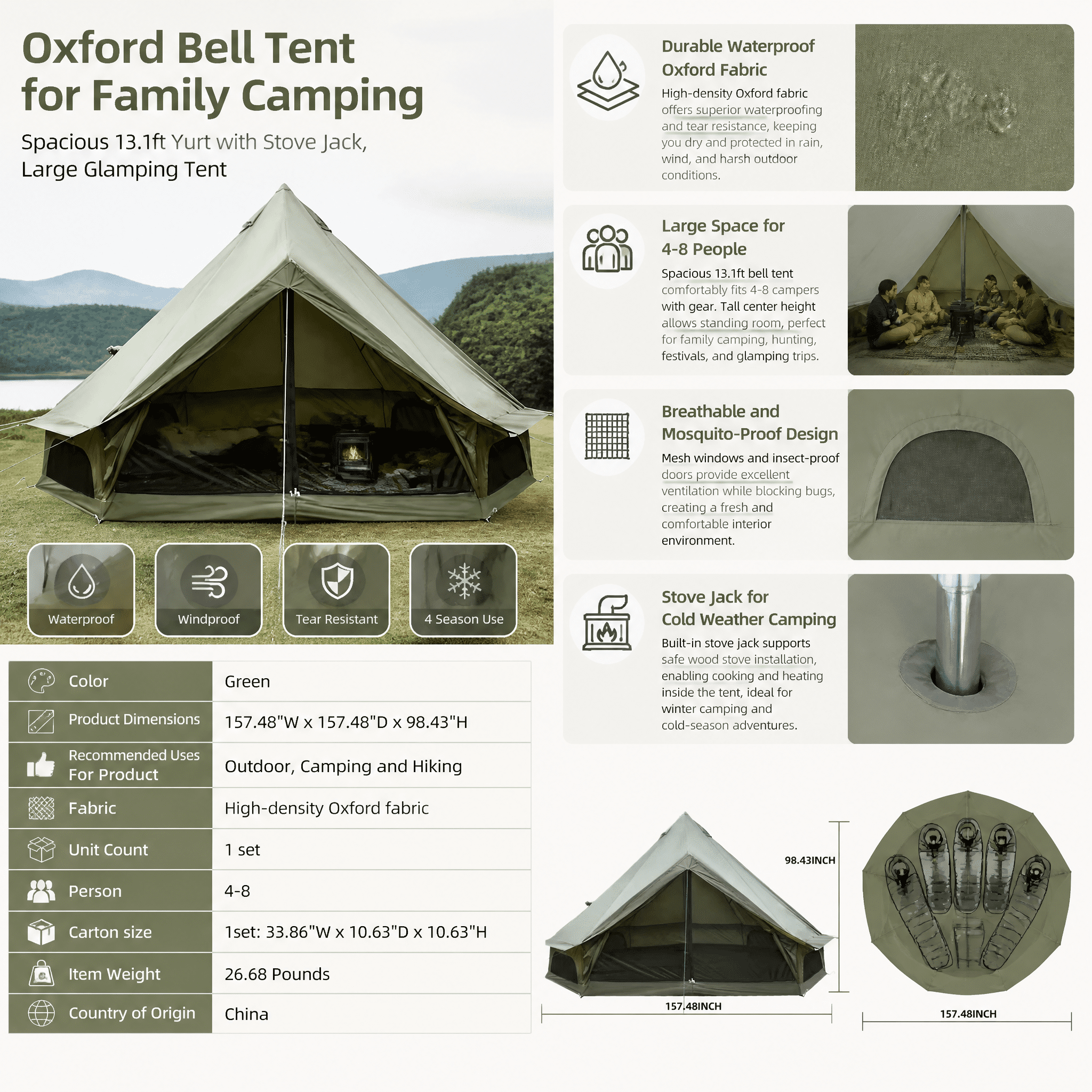Oxford Bell Tent for Family Camping, Spacious 13.1ft Yurt with Stove Jack, Large Glamping Tents for 4-8 People, 4 Season Oxford Hot Tent Shelter, Green