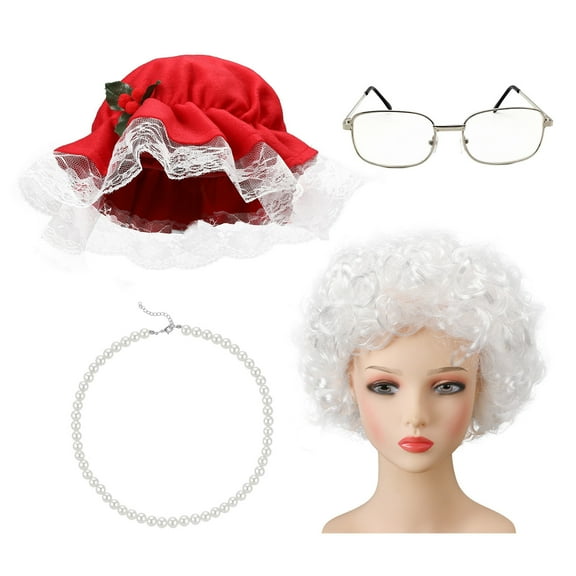 Christmas Costume Set for Santa Claus and Mrs. Claus Role Play, Includes Hat, Wig, Glasses, Gloves, Necklace, Festive Party Attire for Holiday Gatherings