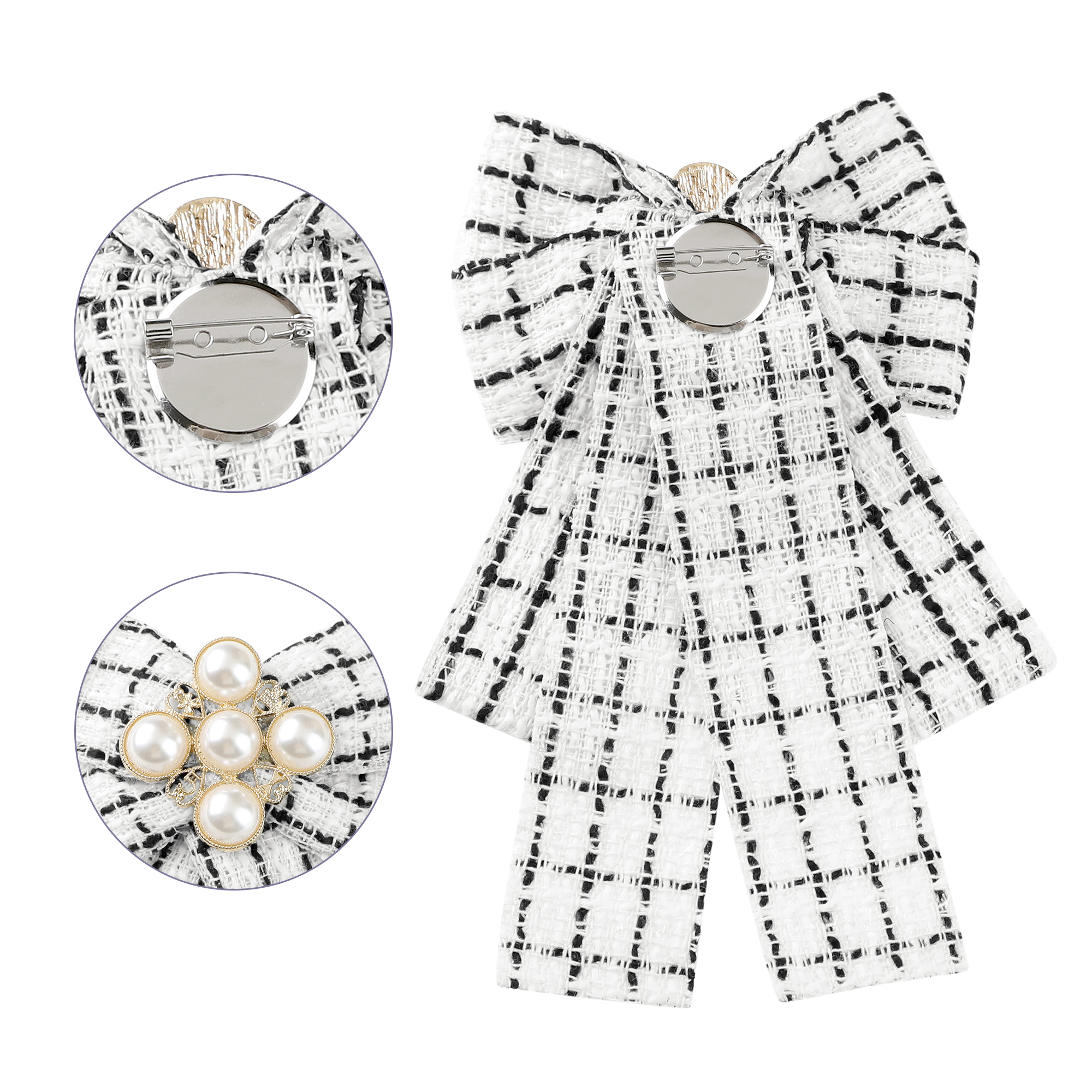 DARING DIVA Women's Ribbon Beads Pre-Tied Plaid Pattern Bow Tie White