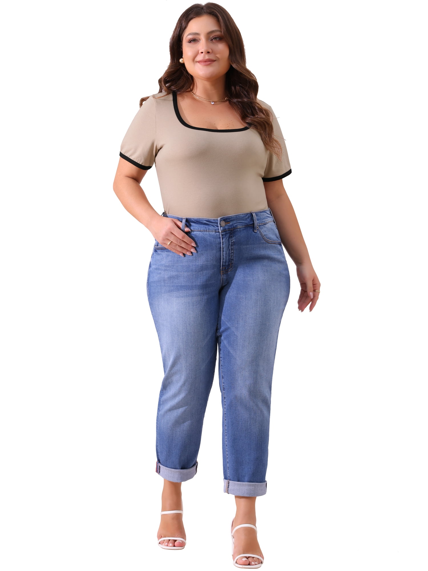 DARING DIVA Women's Plus Square Neck Ribbed Slim Fit Tee 1X Light Camel